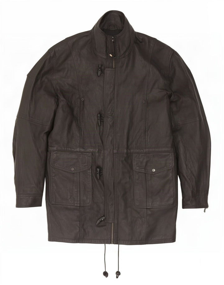 Jaqueta de couro Duffle masculina vintage UK 42 XL preta