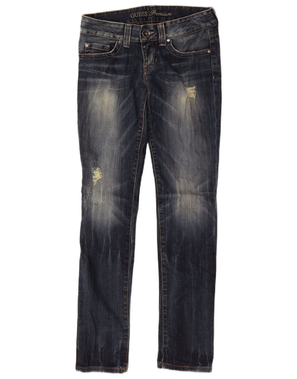 Guess Jeans femininos desgastados slim W29 L32 algodão azul