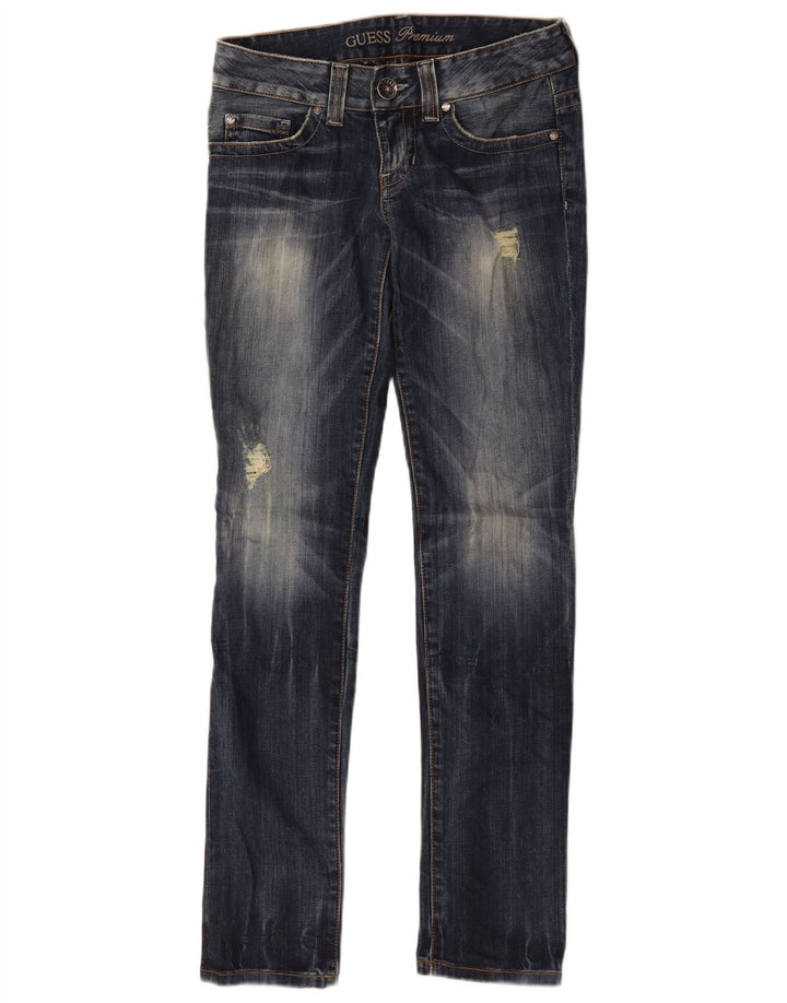 Guess Jeans femininos desgastados slim W29 L32 algodão azul
