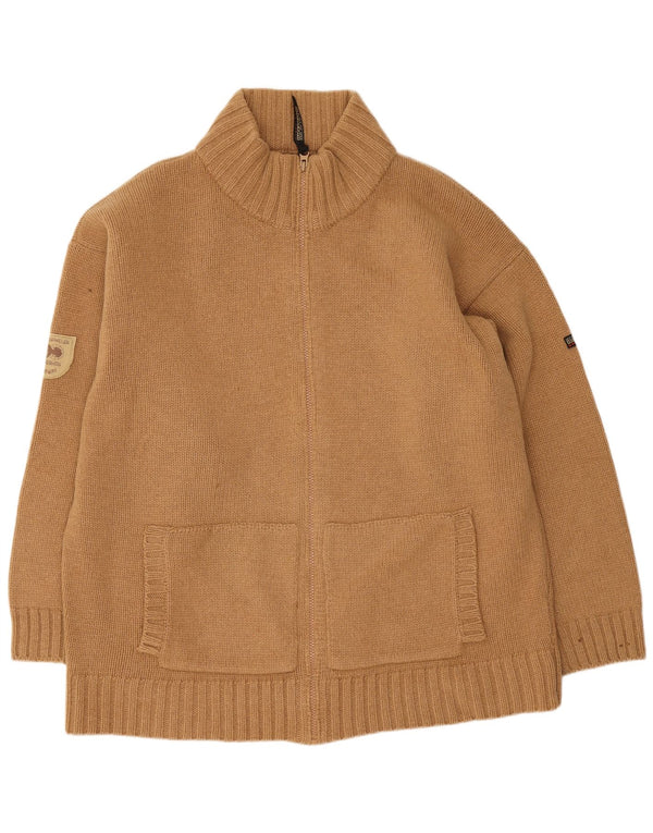 Suéter cardigan feminino grande geográfico Napapijri Reino Unido 18 XL lã bege