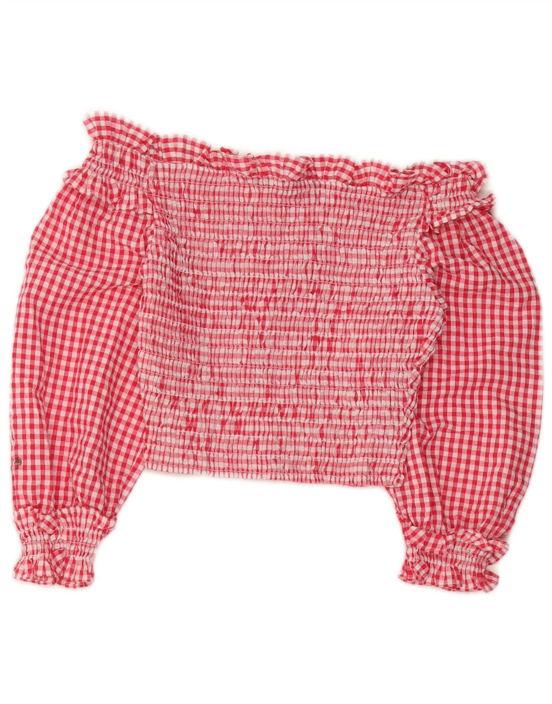 Zara Womens Crop 3/4 Manga Off Top UK 4 XS Vermelho Gingham Poliéster