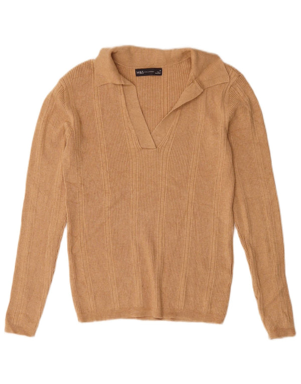 Suéter feminino Marks & Spencer com gola polo superdimensionada Reino Unido 10 pequeno bege
