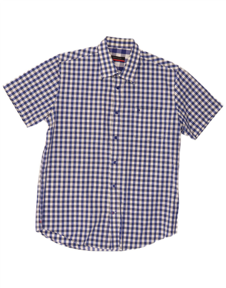 Camisa masculina Pierre Cardin de manga curta azul médio algodão guingão