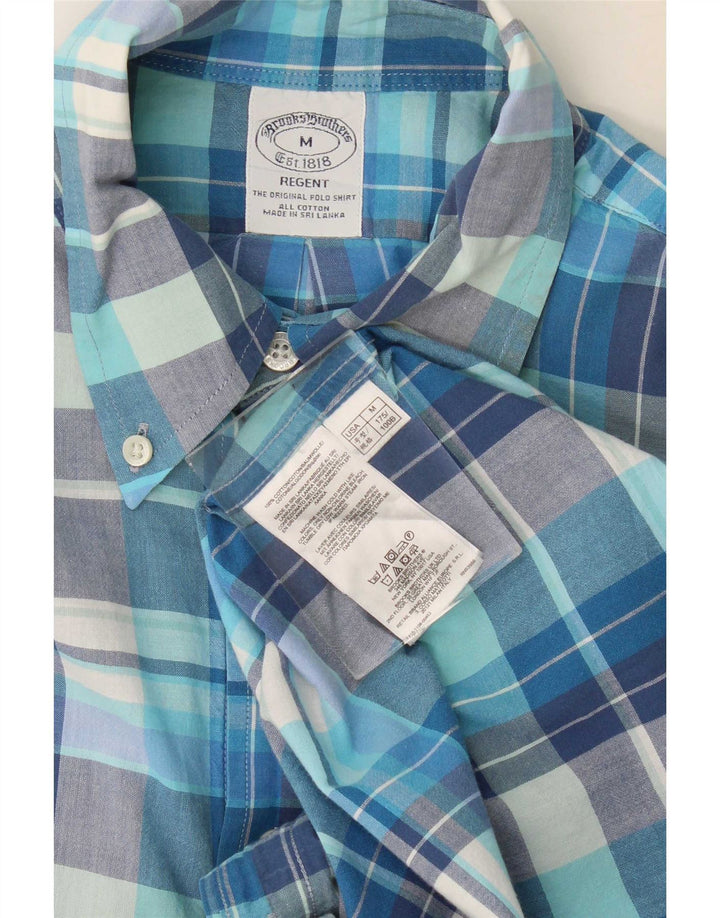 Camisa masculina Brooks Brothers Regent de manga curta de algodão xadrez azul médio