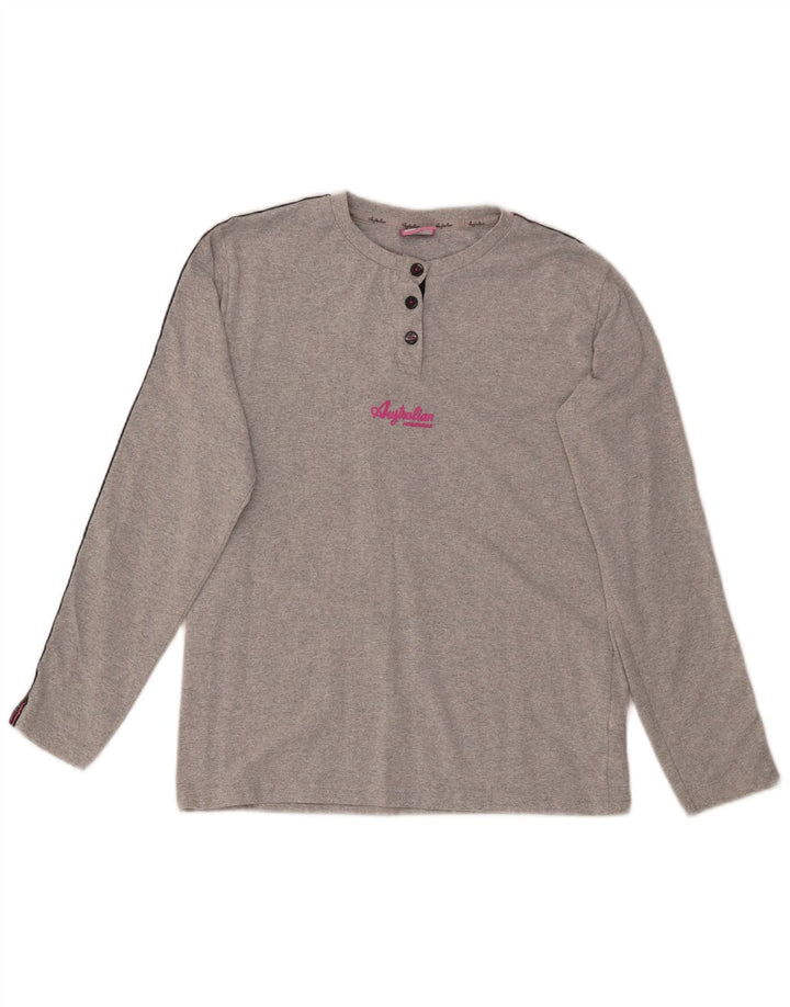 AUSTRALIAN L'ALPINA Top gráfico feminino manga comprida Reino Unido 10 pequeno cinza