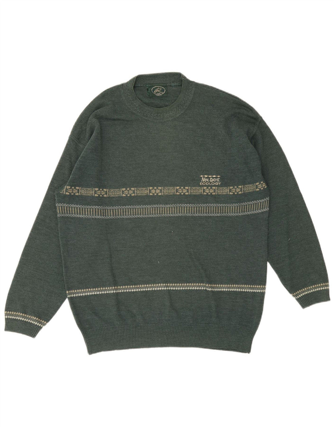 Suéter vintage masculino com gola redonda, lã geométrica verde média