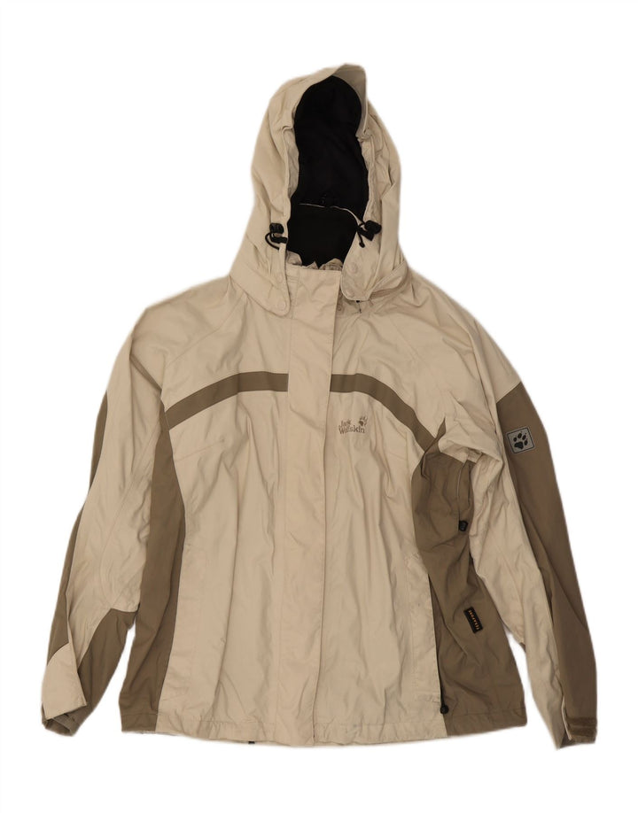 Jaqueta de chuva feminina com capuz JACK WOLFSKIN Reino Unido 16 grande bloco colorido bege