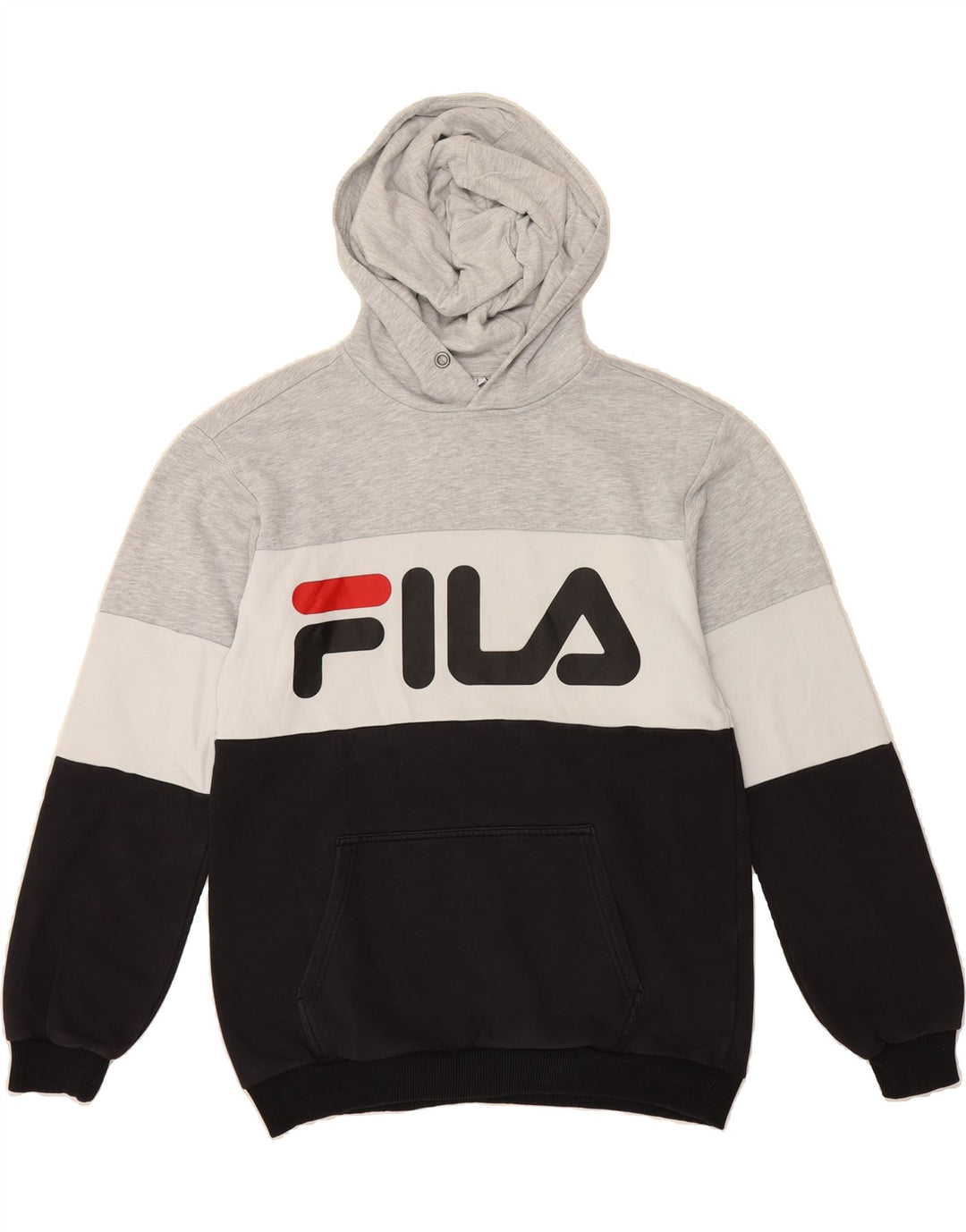 FILA Mens Graphic Hoodie Jumper Small Grey Colourblock Cotton Vintage Fila and Second-Hand Fila from Messina Hembry 