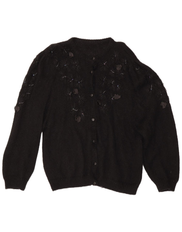 Suéter cardigã feminino vintage grande Reino Unido 16 grande preto floral