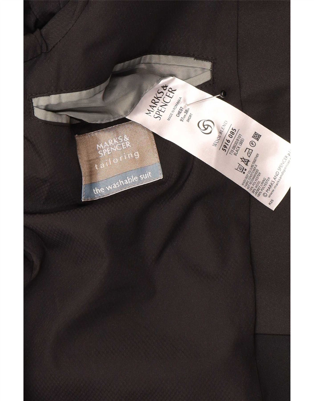 Jaqueta Blazer masculina de 1 botão Marks & Spencer Reino Unido 38 lã preta média