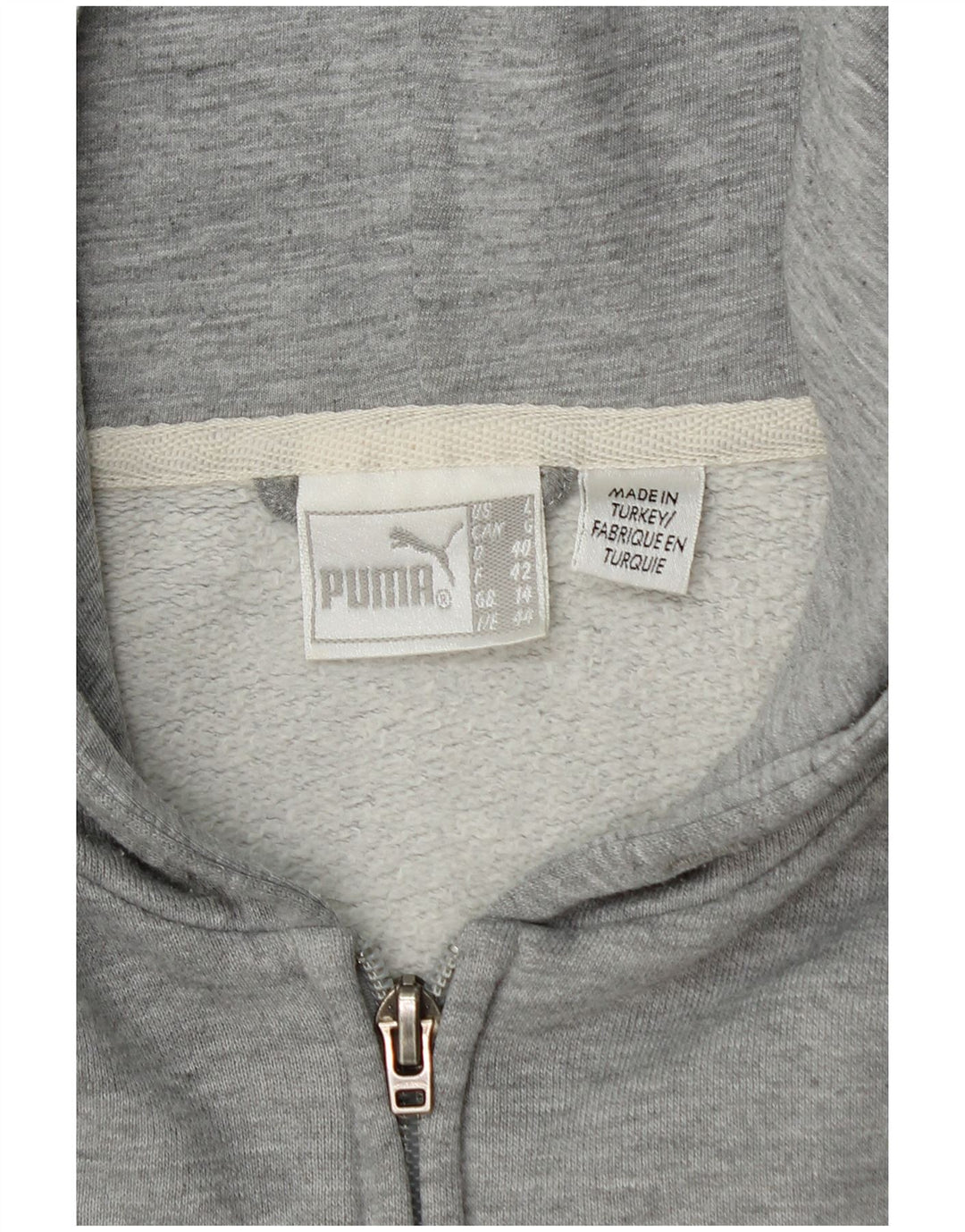 Suéter Puma feminino com capuz e zíper UK 14 cinza médio manchado