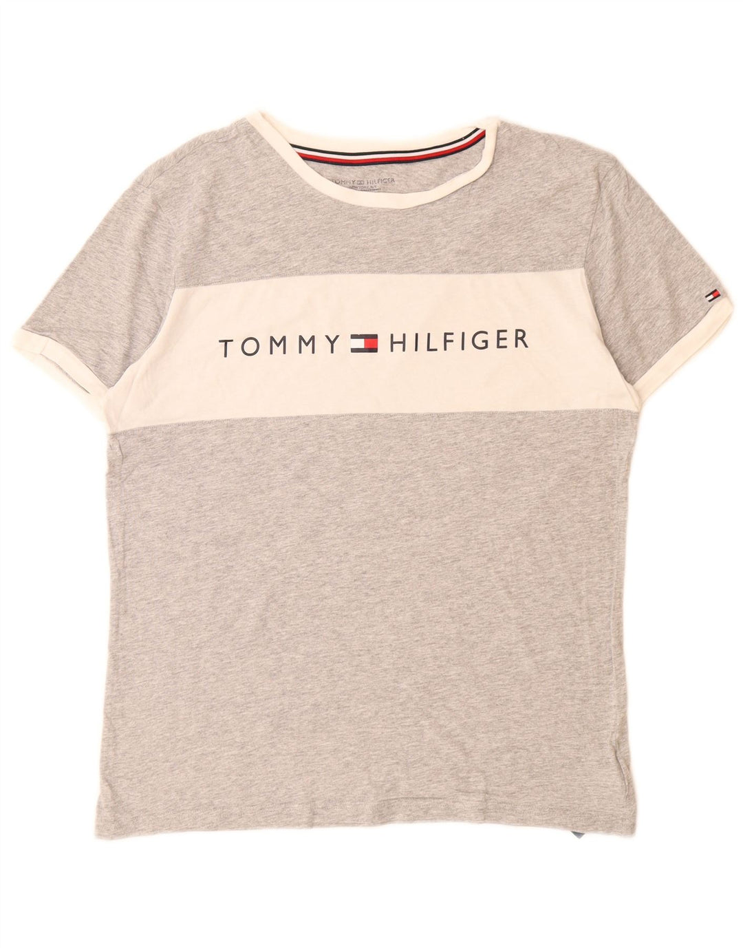 TOMMY HILFIGER Camiseta masculina gráfica top pequeno cinza colorblock algodão