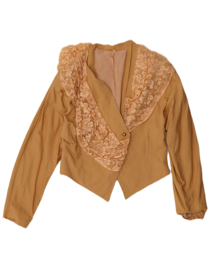 Jaqueta Bolero Feminina Vintage Reino Unido 14 Lã Floral Bege Médio