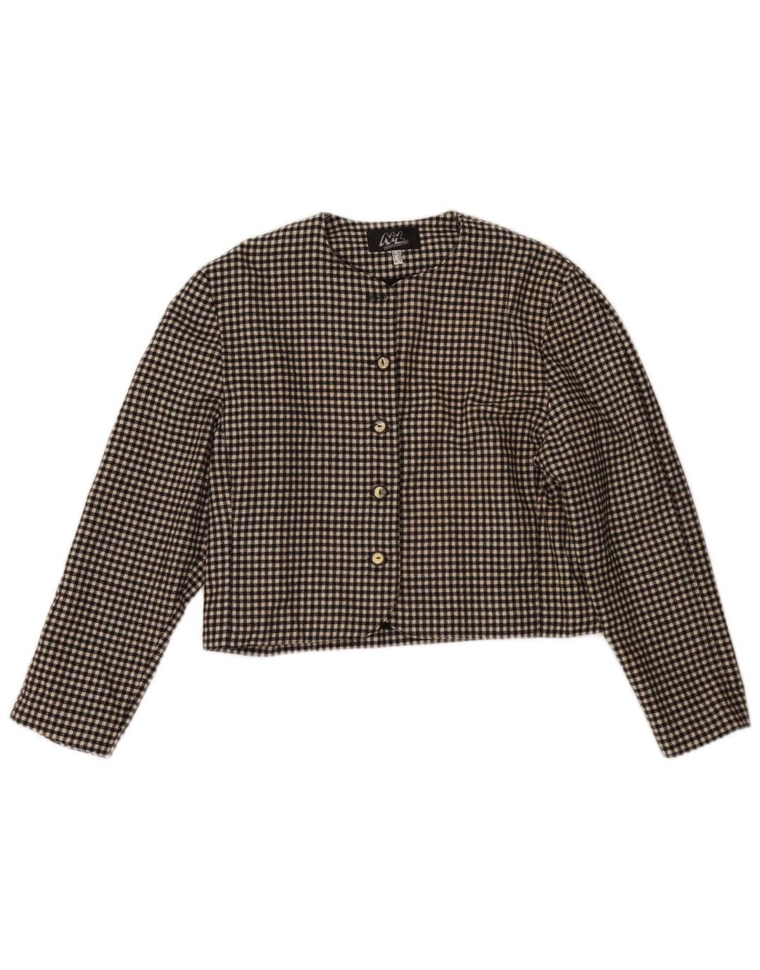 Jaqueta Bolero Feminina Vintage Reino Unido 12 Lã Houndstooth Média Preta