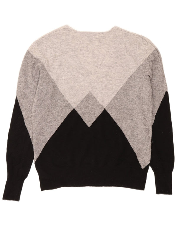 Suéter feminino Reiss com decote em V Reino Unido 14 lã colorblock cinza médio