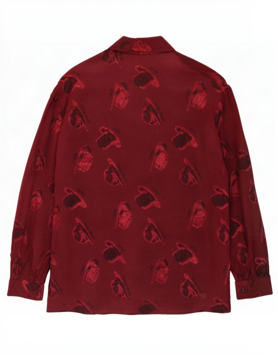 Blusa feminina vintage com estampa abstrata Reino Unido 14 viscose média Borgonha