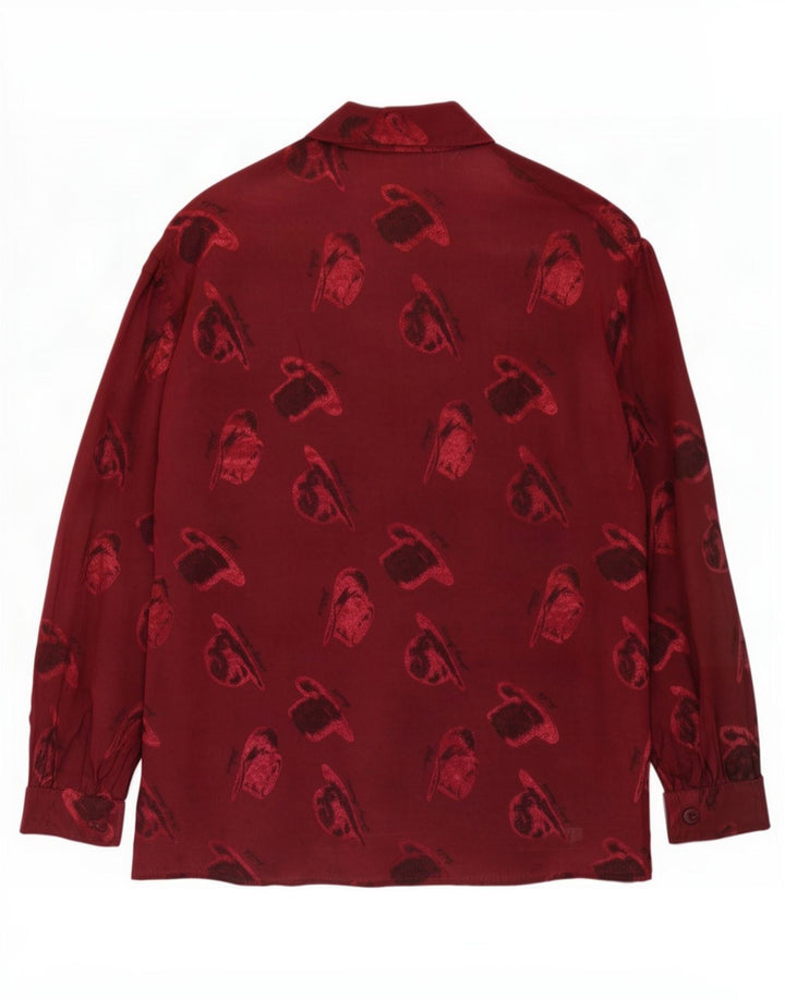 Blusa feminina vintage com estampa abstrata Reino Unido 14 viscose média Borgonha
