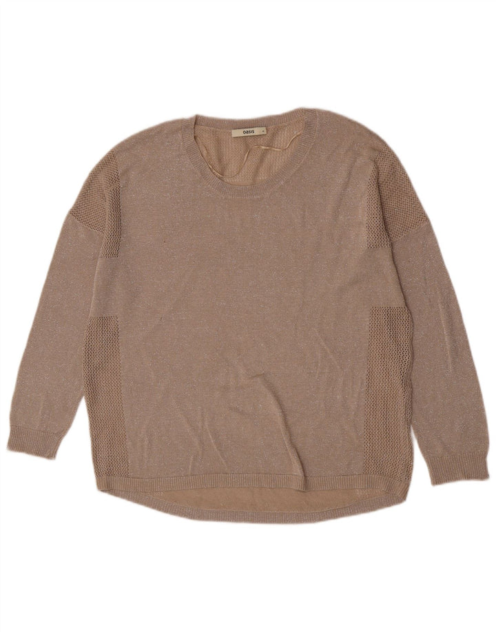 Suéter feminino Oasis com gola canoa grande Reino Unido 14 médio bege manchado