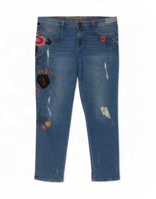 Desigual Jeans feminino gráfico slim W34 L28 azul floral algodão