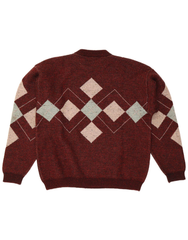Suéter vintage masculino com gola redonda grande Borgonha Argyle/Diamante