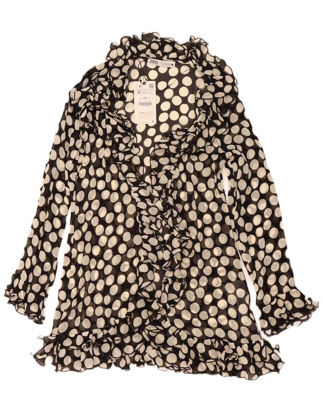 Vestido feminino Zara com babados frontais e viscose UK 12 médio preto com bolinhas