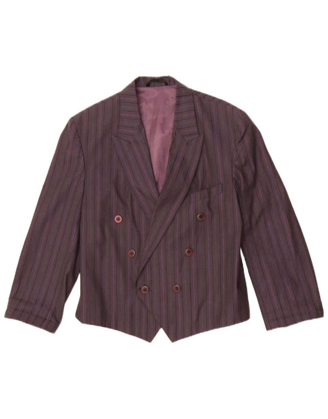 Jaqueta blazer feminina vintage com peito duplo Reino Unido 14 listrado roxo médio