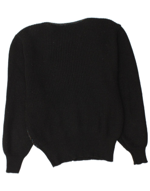 Suéter feminino vintage com gola canoa UK 12 médio preto floral