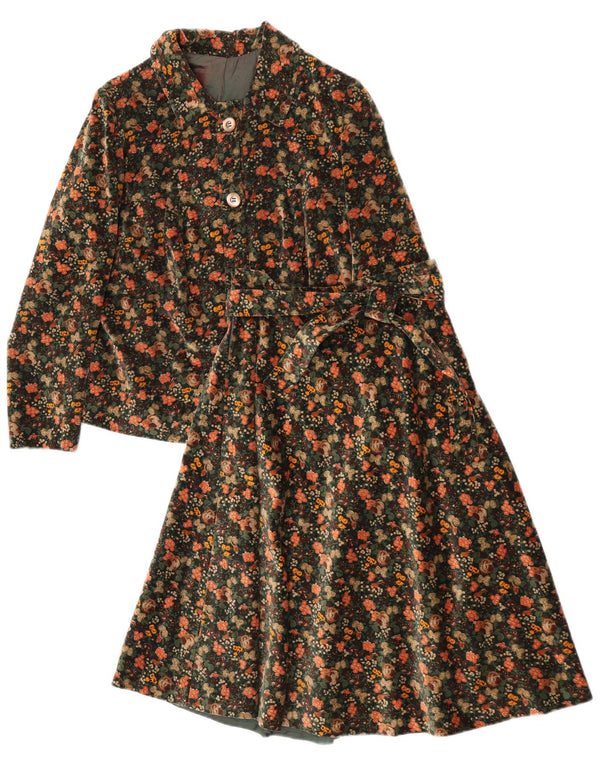 Conjunto de saia feminina vintage de veludo 2 peças Reino Unido 12 médio W25 verde floral