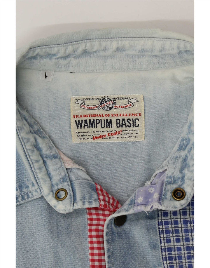 Camisa jeans masculina sem mangas Wampum grande patchwork azul