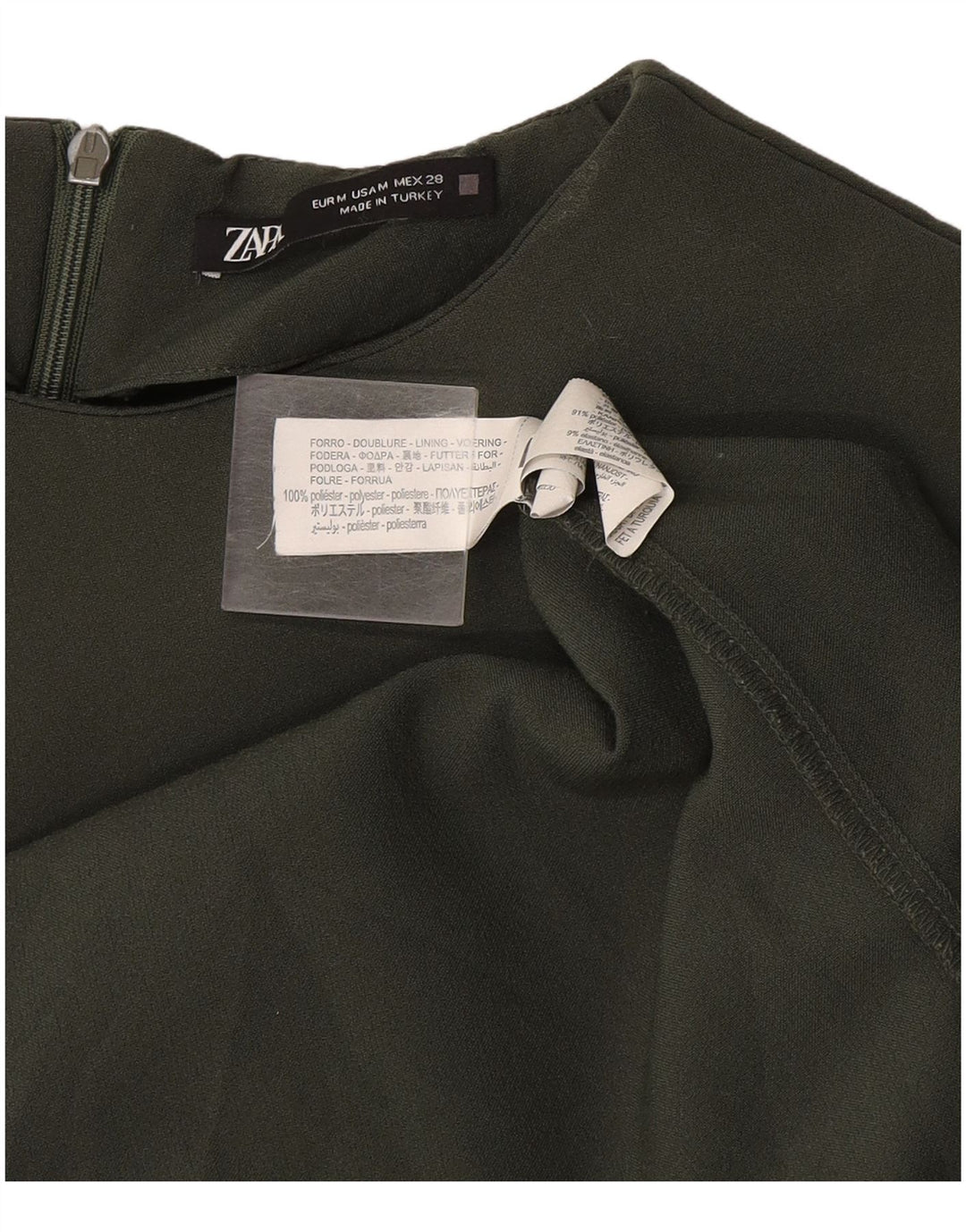 Vestido feminino Zara com bainha sem mangas UK 12 poliéster cáqui médio