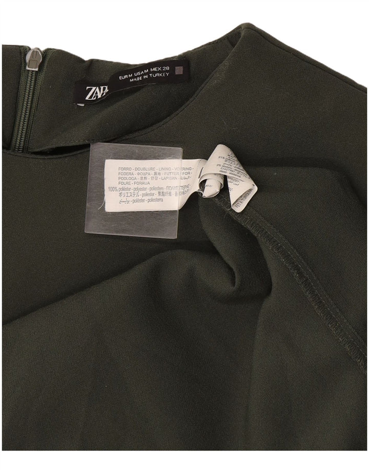 Vestido feminino Zara com bainha sem mangas UK 12 poliéster cáqui médio