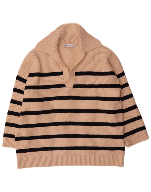 Zara Suéter feminino oversized com gola polo, Reino Unido 16, grande, bege, listrado