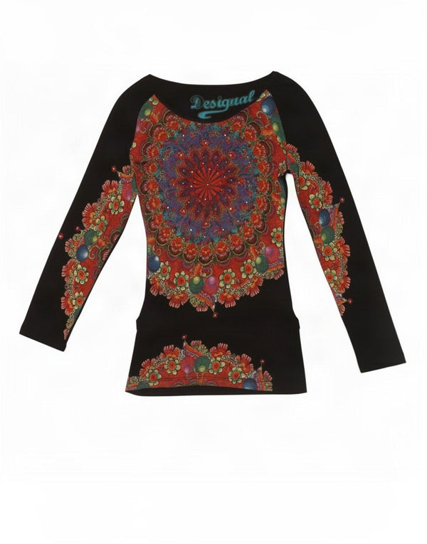 Top gráfico feminino Desigual manga comprida UK 8 pequeno preto paisley