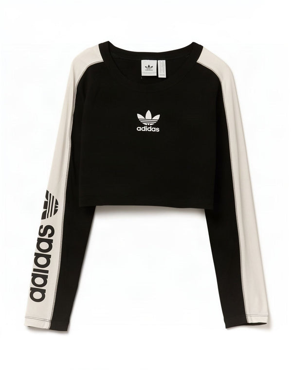 Adidas Womens Crop Graphic Top Manga Longa UK 6 XS Preto Colourblock Algodão