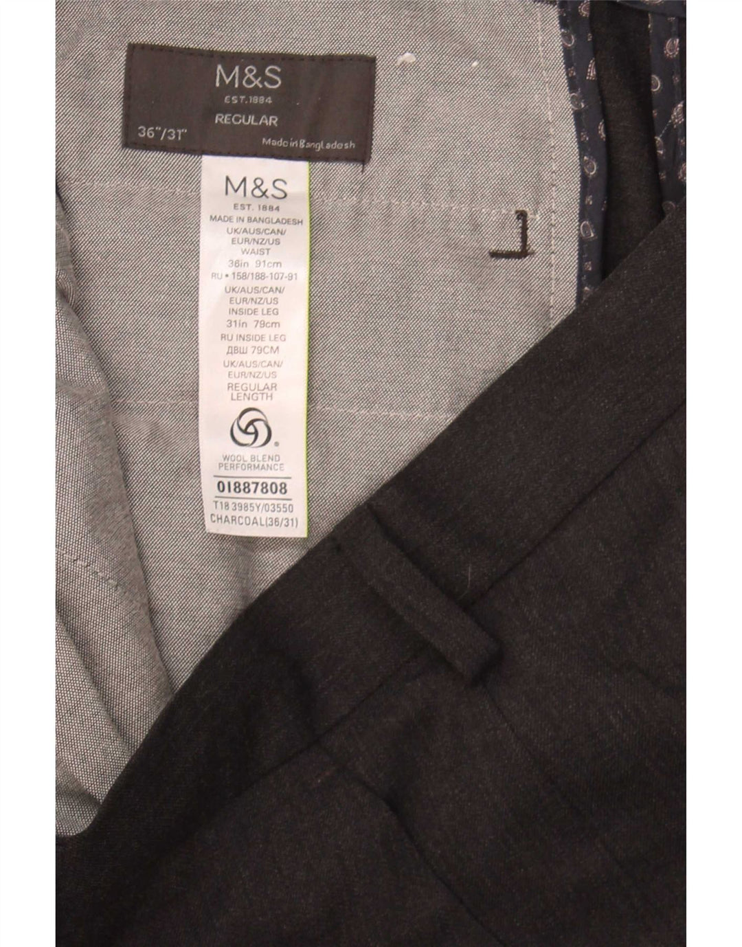 Calça masculina reta regular Marks & Spencer W36 L31 poliéster cinza