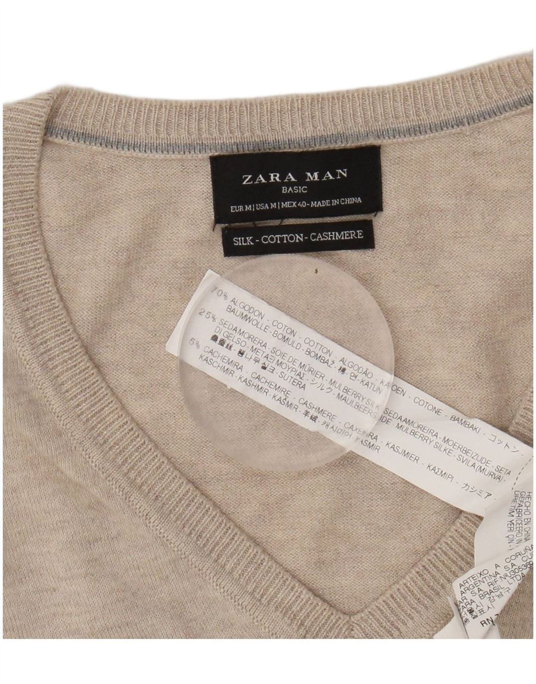 Suéter masculino ZARA com decote em V de algodão bege médio