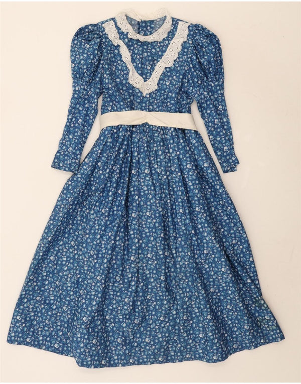 Vestido maxi feminino vintage de manga comprida UK 10 pequeno floral azul