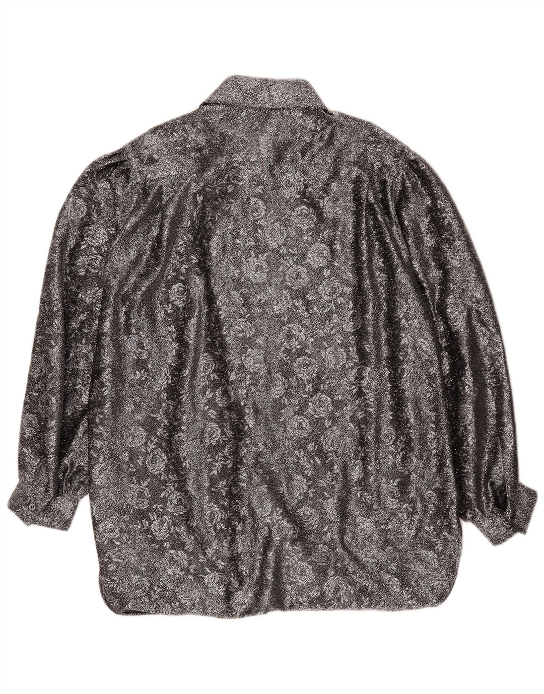 Camisa feminina vintage de ajuste solto EU 42 grande poliéster floral prateado
