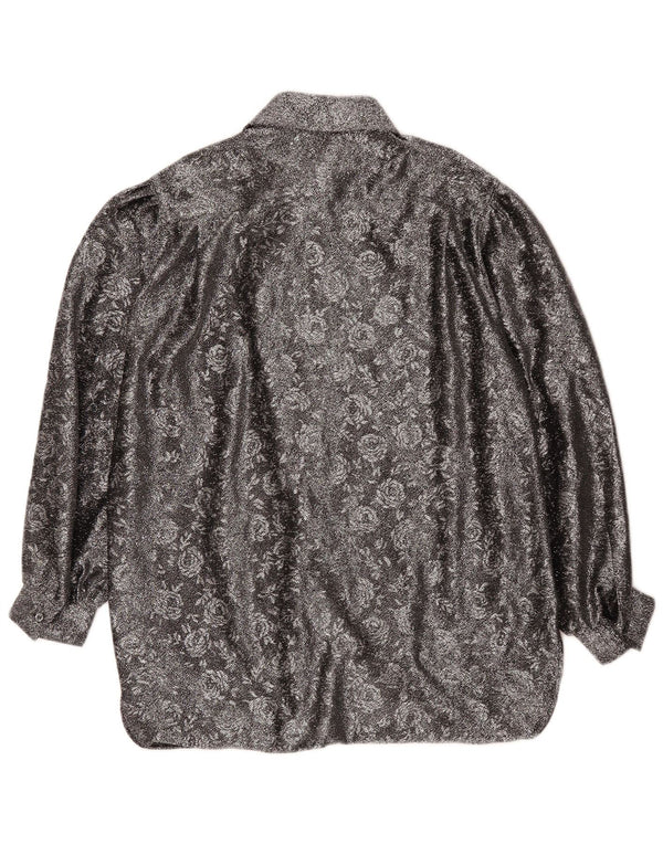 Camisa feminina vintage de ajuste solto EU 42 grande poliéster floral prateado