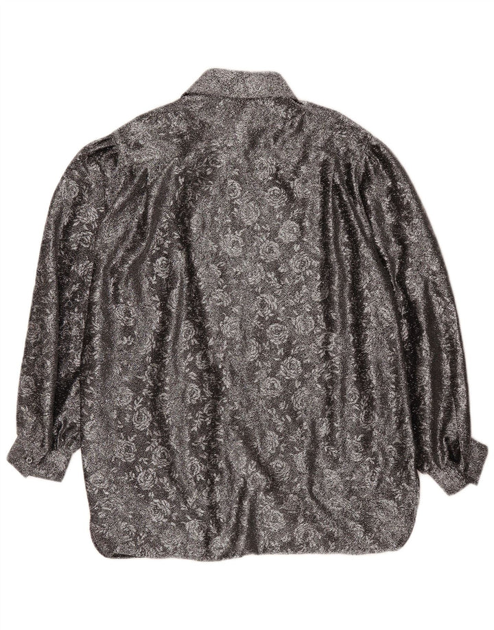 Camisa feminina vintage de ajuste solto EU 42 grande poliéster floral prateado