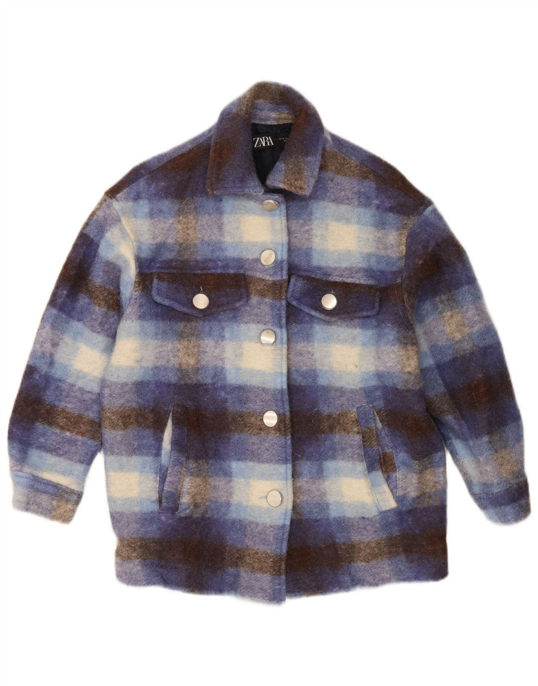 Zara Womens Oversized Shacket Jacket UK 6 XS Lã Xadrez Azul
