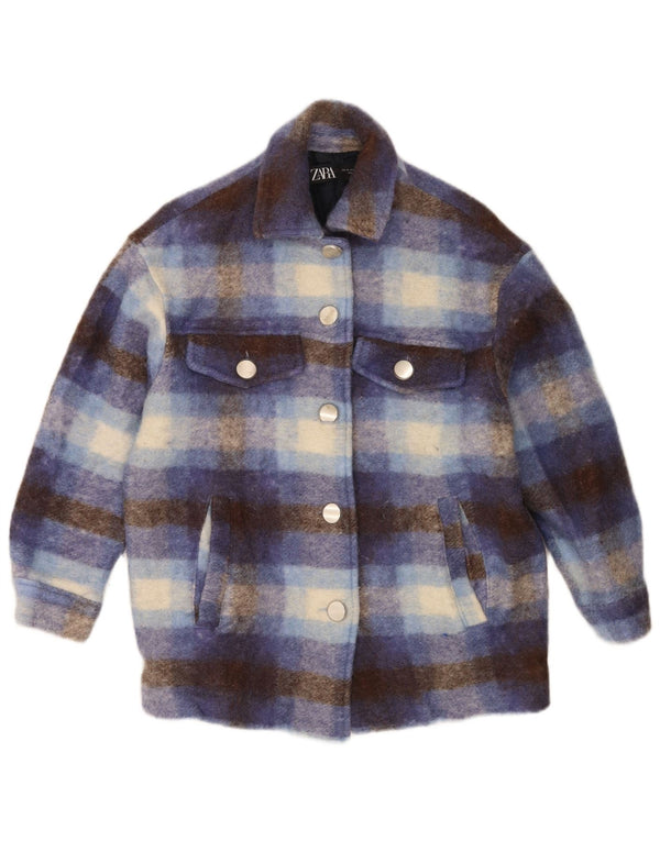 Zara Womens Oversized Shacket Jacket UK 6 XS Lã Xadrez Azul