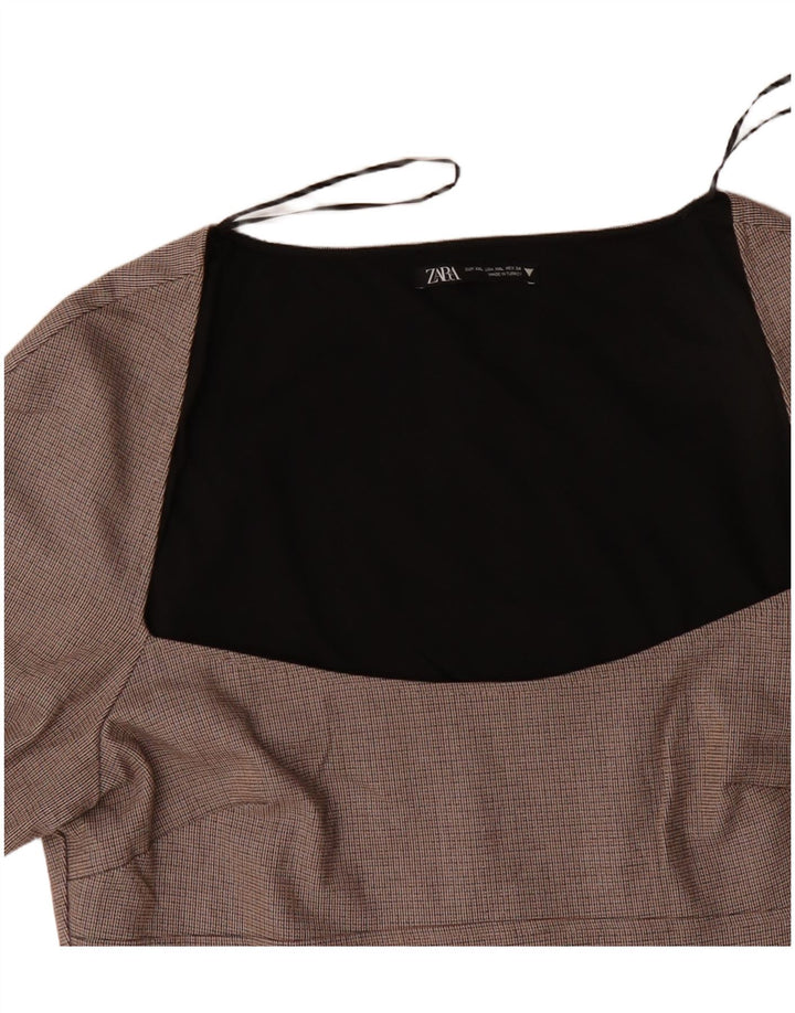 Vestido feminino ZARA com bainha de manga comprida UK 20 2XL poliéster xadrez bege