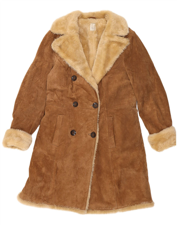 Casaco feminino de shearling com peito duplo Camaieu Reino Unido 14 couro bege grande