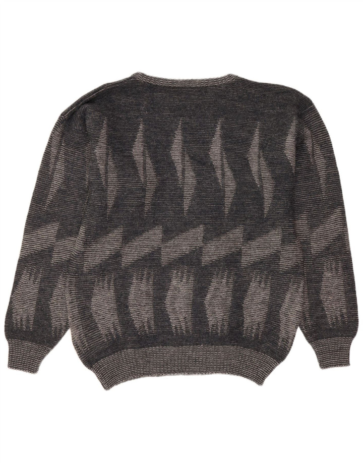 Suéter vintage masculino com gola redonda grande cinza geométrico