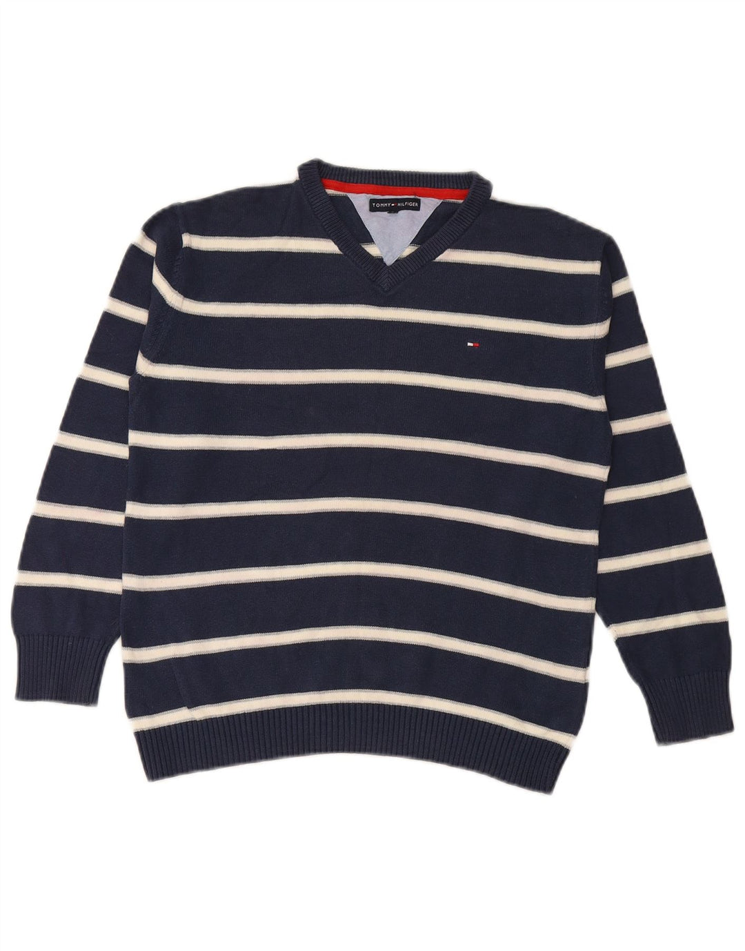 TOMMY HILFIGER Suéter masculino com decote em V 11-12 anos listrado azul marinho