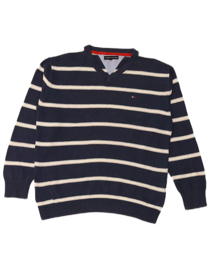TOMMY HILFIGER Suéter masculino com decote em V 11-12 anos listrado azul marinho