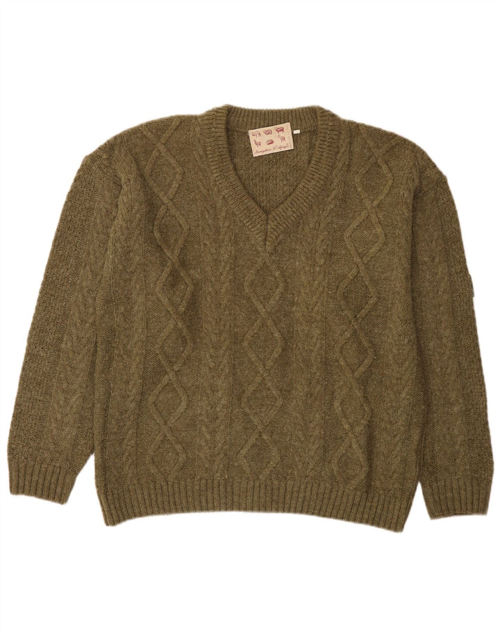 Suéter masculino vintage com decote em V, acrílico cáqui médio
