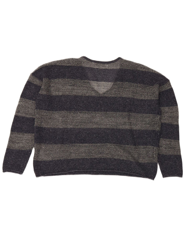 Suéter feminino vintage com decote em V, Reino Unido 16, grande, azul marinho, listrado