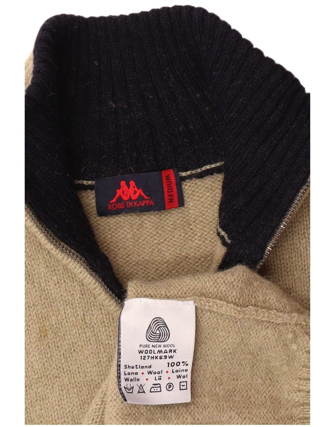 Suéter feminino Kappa com zíper e gola em lã listrada bege médio clássico